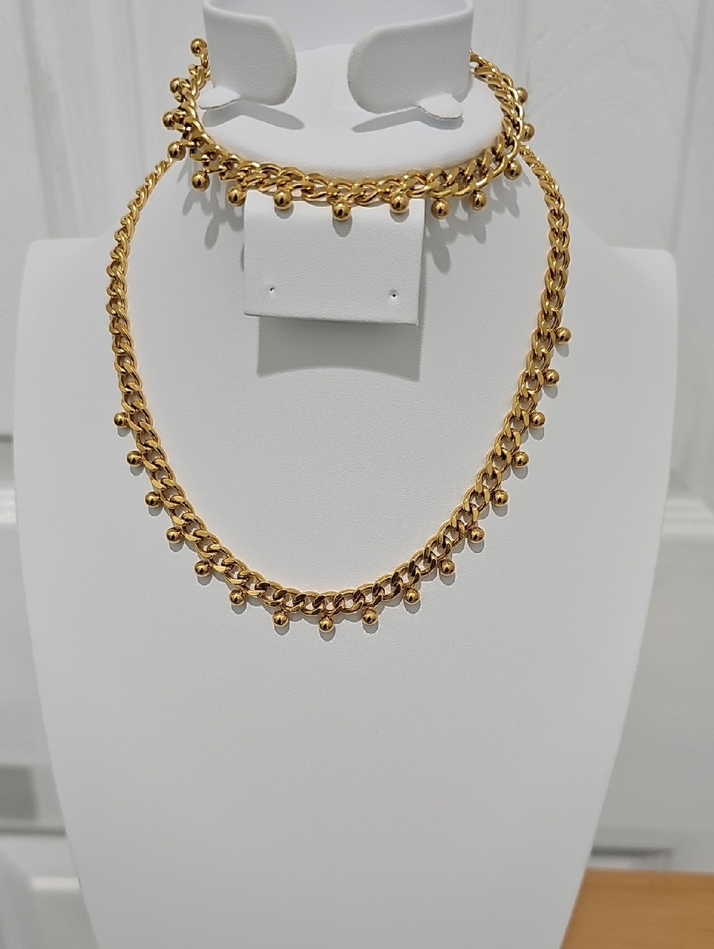 18k Gold Beaded Chain Necklace and Bracelet Set